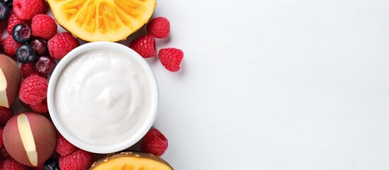 Poster - Coconut halves filled with yogurt and colorful exotic fruits on a light background with berries creating an inviting space for text design.