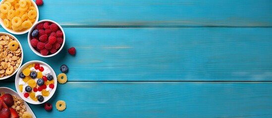 Poster - Colorful bowls of fresh fruits and granola arranged on a vibrant blue wooden background with space for text on the right side of the image.