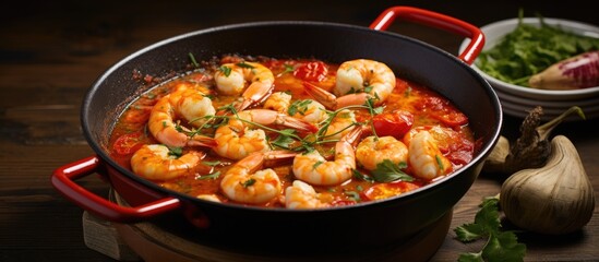 Aufkleber - Traditional American cioppino with prawns and fish in a modern black cast iron dish, vibrant orange and red colors, topped with herbs on a wooden background.