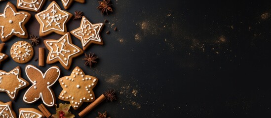 Poster - Christmas cookies arranged in various shapes on a dark background with cinnamon sticks and spices, creating a festive display on the left side.