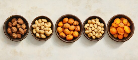 Poster - Assorted nuts and dried fruits in brown bowls arranged horizontally on a light stone surface showcasing rich browns and vibrant orange hues.