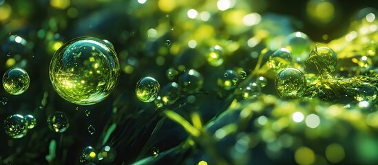 Poster - Abstract green bokeh lights with shimmering effects create a magical atmosphere featuring vibrant glowing orbs amidst a lush, textured background.