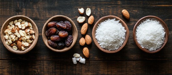 Aufkleber - Top view of wooden table with bowls of mixed nuts and dried fruits including almonds, hazelnuts, dates, and coconut flakes on dark brown background
