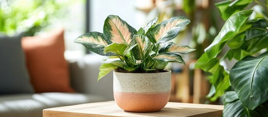 Aufkleber - Variegated Prayer Plant in a ceramic pot on a wooden table with a blurred background of greenery and soft furnishings in warm tones