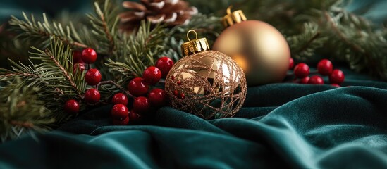 Poster - Elegant Christmas decor featuring golden and textured ornaments resting on lush evergreen branches, surrounded by vibrant red berries on rich teal fabric.