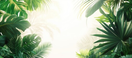 Aufkleber - Lush green tropical leaves with varying shapes arranged around a bright center, creating a vibrant summer theme with light gradient background.