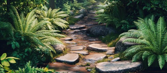 Fototapete - Vibrant green ferns frame a serene stone pathway with textured rocks under soft natural light, creating a peaceful and harmonious landscape.