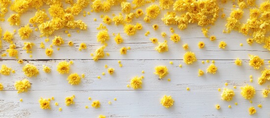 Aufkleber - Yellow chrysanthemum flowers scattered artfully on a rustic white wooden background creating a vibrant floral composition from above
