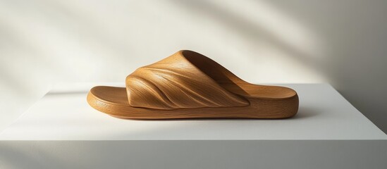 Poster - elegant wooden sandal with a smooth, curved design showcased on a white pedestal, illuminated by sof