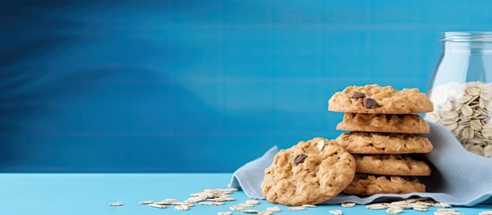 Poster - Oatmeal cookies stacked on a blue background with a white napkin and oats in a jar, suggesting healthy breakfast or snack concept, ample copy space