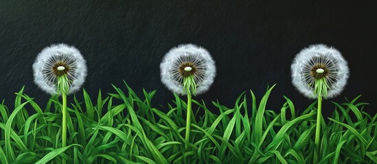 Poster - Three vibrant dandelions with fluffy white heads positioned evenly in lush green grass against a dark background showcasing their natural beauty