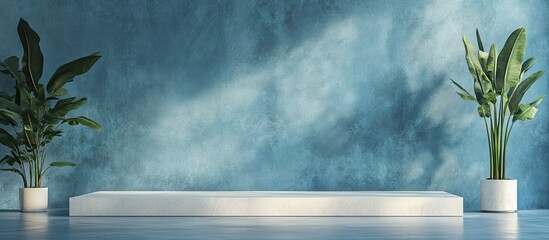 Fototapete - Vacant blue minimalist podium setup against a soft blue textured wall with two vibrant green plants in white pots framing the display area