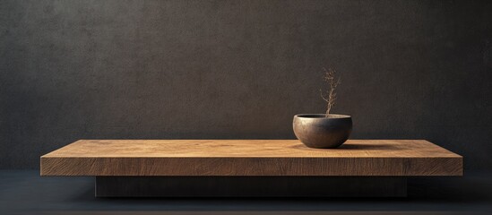 Aufkleber - Wooden tabletop in warm brown tones with a minimalist design centered on a dark background, featuring a small plant pot for effective product display.
