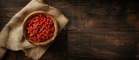 Poster - Bowl of vibrant red goji berries resting on a rustic wooden table with a beige cloth on the left creating a natural and earthy composition.