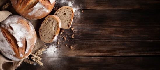 Poster - Freshly baked bread loaves and sliced pieces on a rustic wooden table with flour scattered creating warm earthy tones and ample copy space on the right