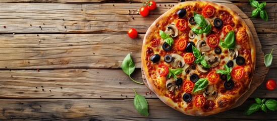 Poster - Delicious pizza with tomatoes mushrooms and black olives on rustic wooden surface with vibrant green basil and space for text on right side