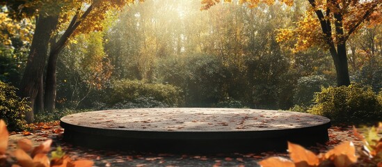 Fototapete - Vacant circular podium surrounded by vibrant autumn foliage in warm golden light creating a serene garden atmosphere with soft shadows.