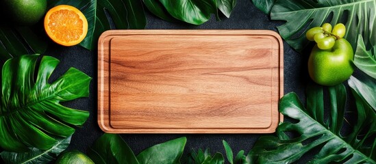 Poster - Wooden cutting board centered among vibrant green tropical leaves with an orange and green bell pepper on the left for a fresh culinary vibe.