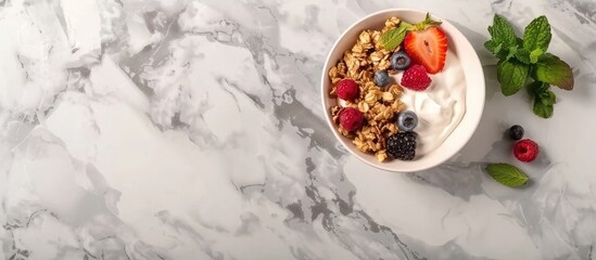Aufkleber - Healthy granola bowl with yogurt, mixed berries and mint on grey marbled tabletop, featuring vibrant colors and ample space for text overlay