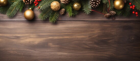 Poster - Festive holiday decorations with green pine branches, gold ornaments, and pine cones atop a rustic wooden background creating a warm ambiance