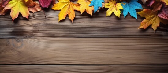Poster - Colorful autumn leaves in vibrant red, orange, yellow, and blue hues arranged along the top edge of a rustic wooden table with copy space below.