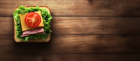 Poster - Healthy sandwich with lettuce, ham, cheese, and tomato on toasted bread, positioned left on a rustic wooden background, warm brown tones.