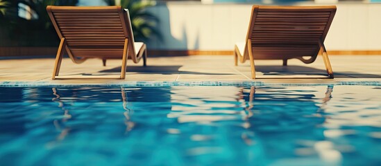 Aufkleber - Outdoor lounge chairs in warm wooden tones positioned beside a serene swimming pool with clear blue water creating a tranquil relaxation space.