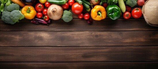 Poster - Top view of a rustic wooden table displaying a variety of colorful vegetables and fruits in a net bag with ample blank space for text