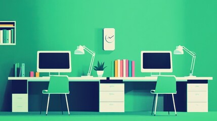Poster - Minimalist office workspace, modern design, two computers, green walls