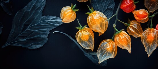 Poster - Golden winter cherries physalis arranged artistically on a dark background with vibrant green leaves creating a rich contrast and space for text.