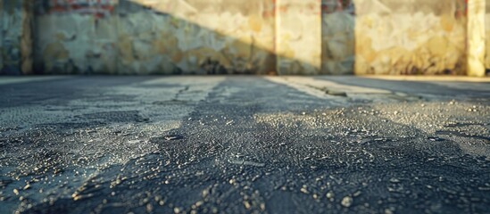Poster - Urban asphalt floor with texture and shadows, featuring a weathered wall in warm tones, ideal for copy space in modern design layouts.