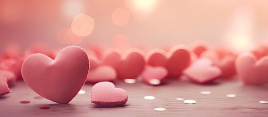 Poster - Soft pink hearts scattered on a delicate tissue background with blurred warm lights, creating a romantic and dreamy atmosphere for Valentine's Day.