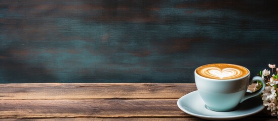 Poster - Top view of a light blue coffee cup with heart latte art on a dark wooden table with a faded chalkboard background and ample copy space on the left