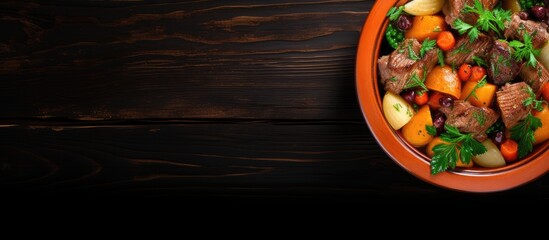 Aufkleber - Bowl of hearty meat stew with colorful vegetables on wooden background vibrant greens and earthy tones ample space for food presentation