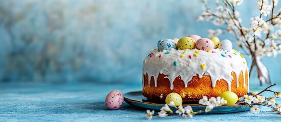 Poster - Easter-themed cake adorned with pastel-colored eggs and white icing on a turquoise textured background with cherry blossom branches on the side.