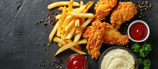 Poster - Crispy golden chicken strips with French fries and dipping sauces on a dark textured surface arranged neatly, ideal for food marketing or promotions