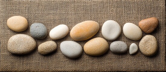 Poster - Smooth decorative pebbles of various sizes and colors arranged on a textured burlap background with natural earthy tones in a horizontal line.