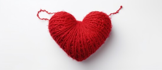 Poster - Red yarn heart resting centrally on a white background with ample copy space surrounding it for text additions and creative design use.