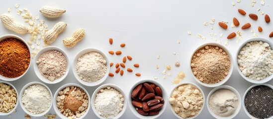 Aufkleber - Variety of protein powders in white bowls arranged in a row with nuts and seeds on a white background creating a clean minimalist layout