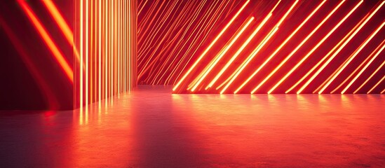 Poster - Vibrant orange and red neon light lines create a bold diagonal pattern against a reflective dark surface evoking a dynamic and modern atmosphere