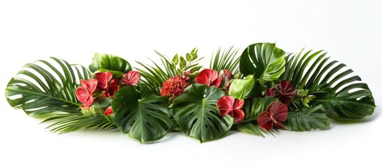 Poster - Tropical floral arrangement featuring vibrant red anthuriums and lush green palm leaves arranged horizontally on a white background.