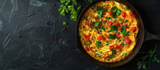 Poster - Top view of a vibrant Turkish Menemen omelet featuring red tomatoes and green parsley in a black skillet against a dark contrasting background