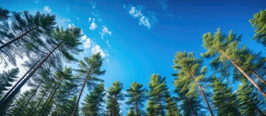 Fototapete - Lush green pine trees reaching upwards against a bright blue sky with scattered white clouds, creating a serene natural landscape.
