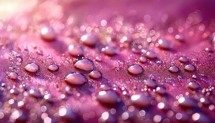 Poster - glistening water droplets on vibrant pink surface with soft bokeh effect for background, texture, or design projects