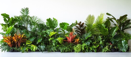 Poster - Vibrant tropical foliage in green, orange, and red arranged against a clean white backdrop, creating a striking contrast and bright ambiance.