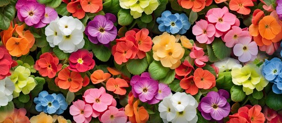 Poster - Vibrant primroses in bright shades of pink, orange, purple, blue, and white arranged densely to enhance any space's decor with color.