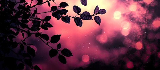 Aufkleber - Silhouetted leaves in the foreground with vibrant pink and purple bokeh background, creating a dreamy night sky atmosphere.