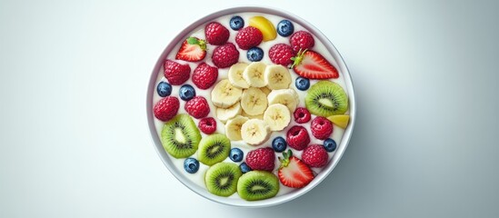 Poster - Colorful fruit and yogurt bowl featuring layered bananas, strawberries, blueberries, raspberries, and kiwis on a pale background in a round dish.