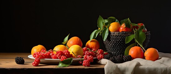 Poster - Vibrant still life featuring fresh tangerines and red berries arranged on a rustic wooden table with dark background enhancing the colors.