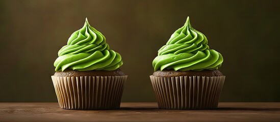 Poster - Two cupcakes with vibrant green icing elegantly positioned side by side against a dark background showcasing a rich chocolate base.